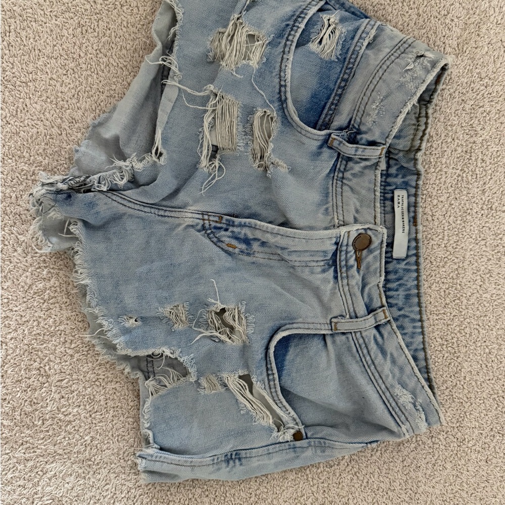 Zara Ripped Light Blue Jean Shorts